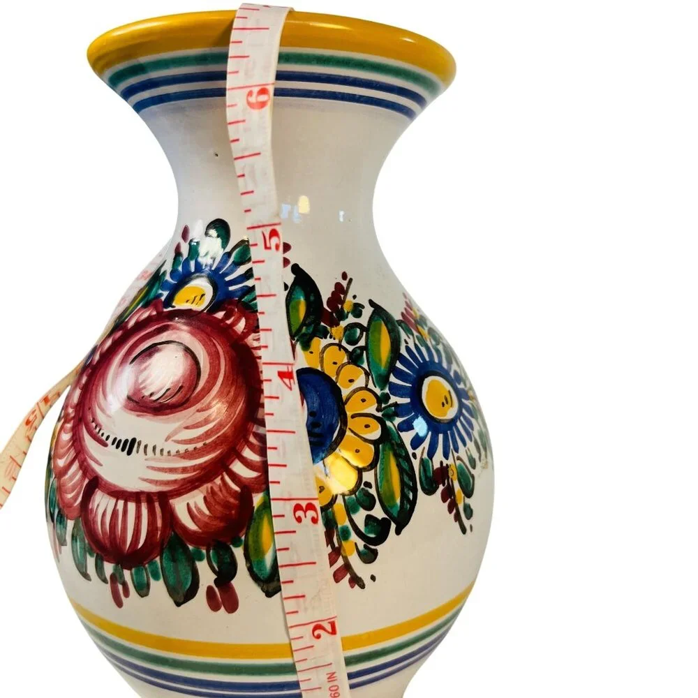 Artisan Signed Hand Painted Vase Roses Sunflower Spring Red Yellow Blue ‎ 7